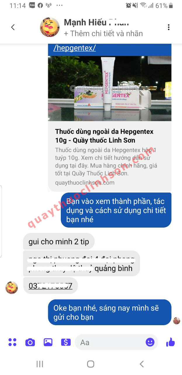 Bạn Hiếu ở Quảng Bình mua 2 tuýp Hepgentex