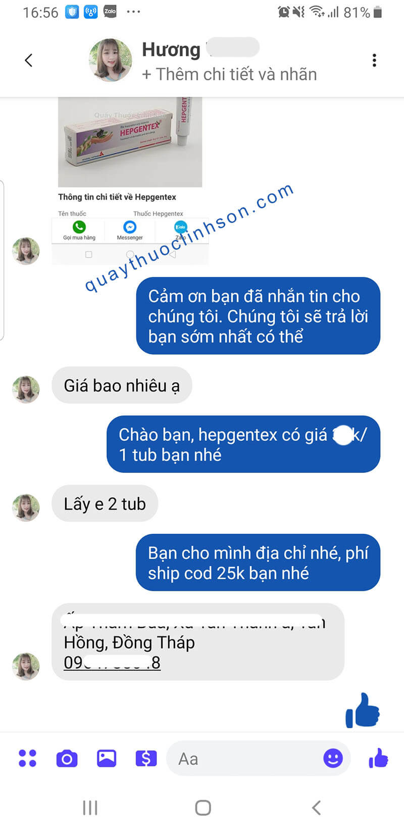 Bạn Hương ở Đồng Tháp mua 2 tub Hepgentex