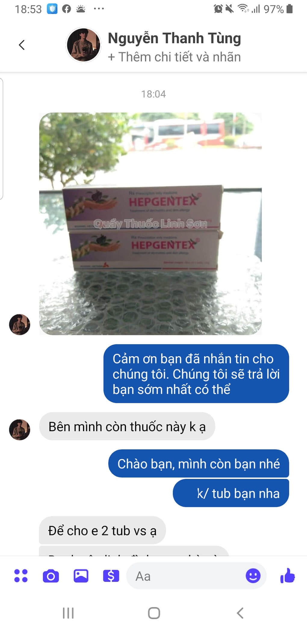 Bạn Tùng ở Hưng Yên mua 2 Tuýp Hepgentex