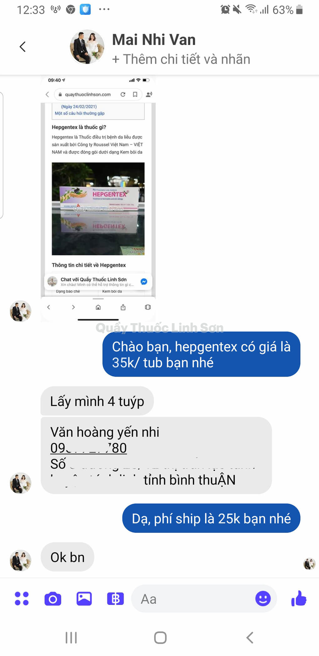 Bạn Yến Nhi ở Bình Thuận mua 4 tuýp Hepgentex 10g