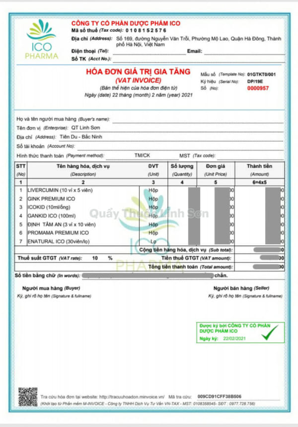 Bản hóa đơn điện tử của công ty dược phẩm ICO