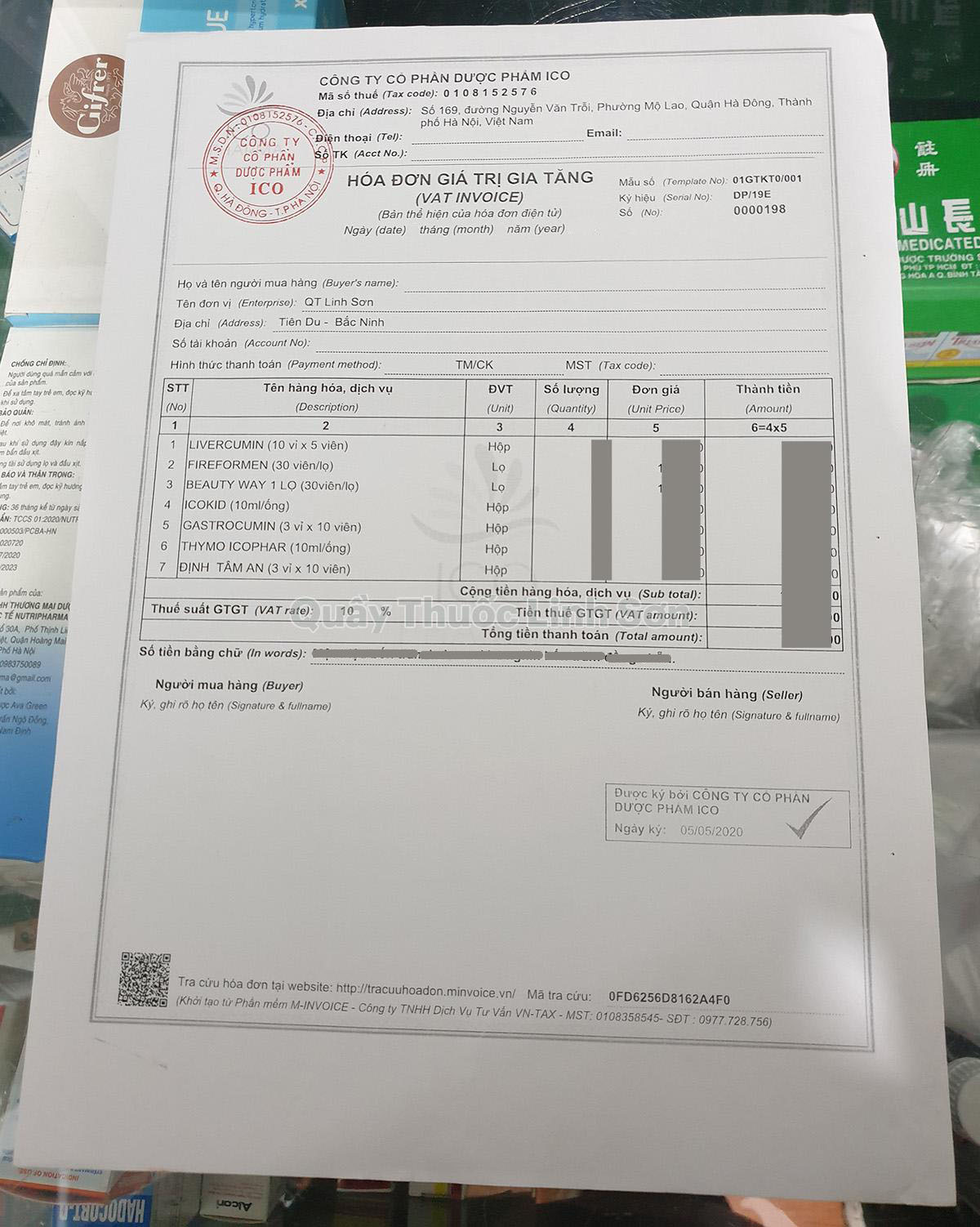 Hóa đơn giá trị gia tăng sản phẩm Định Tâm An ICO