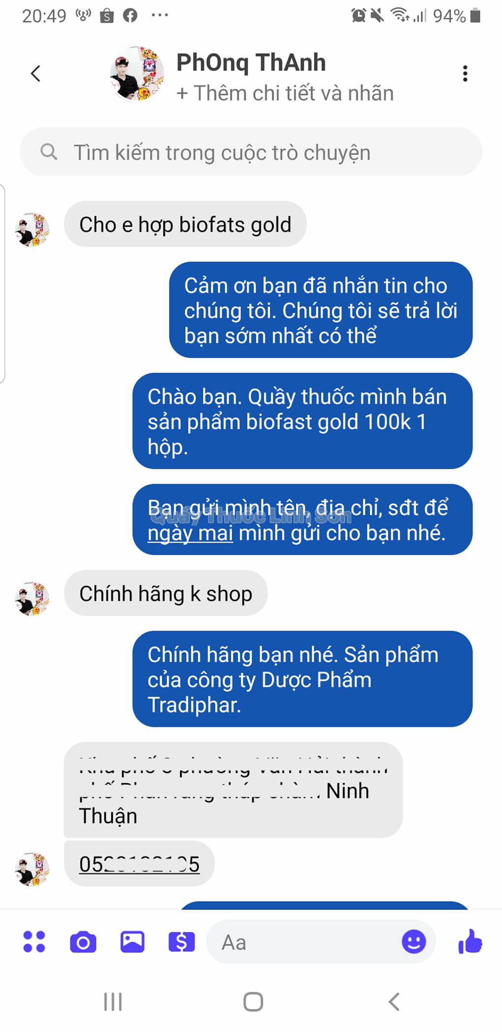 Bạn Phong ở Ninh Thuận mua 1 hộp Biofast Gold