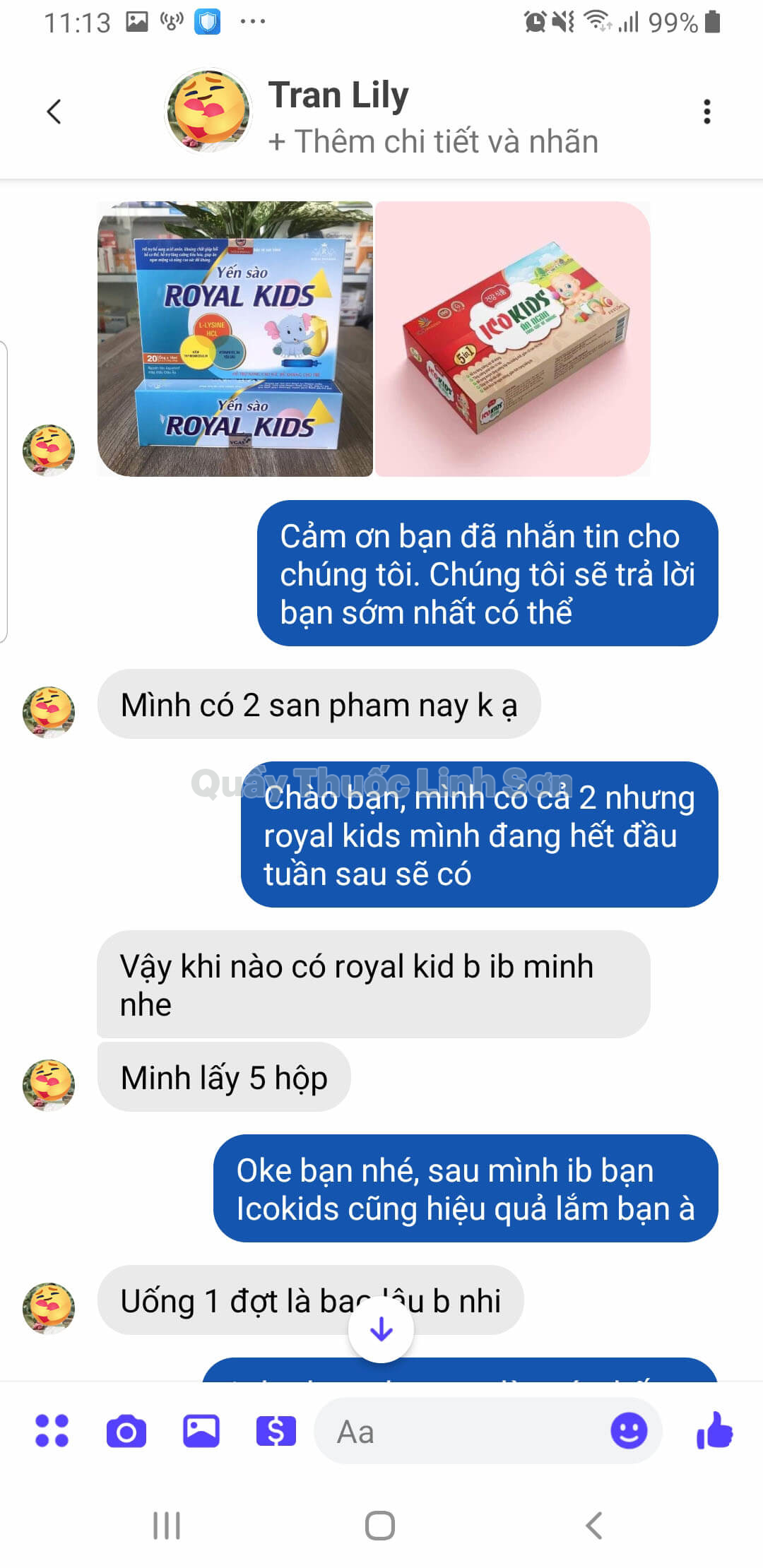 Bạn Ly Ly Tran (Facebook) ở Vĩnh Phúc mua 3 hộp ICO KIDS và 5 hộp ROYAL KIDS