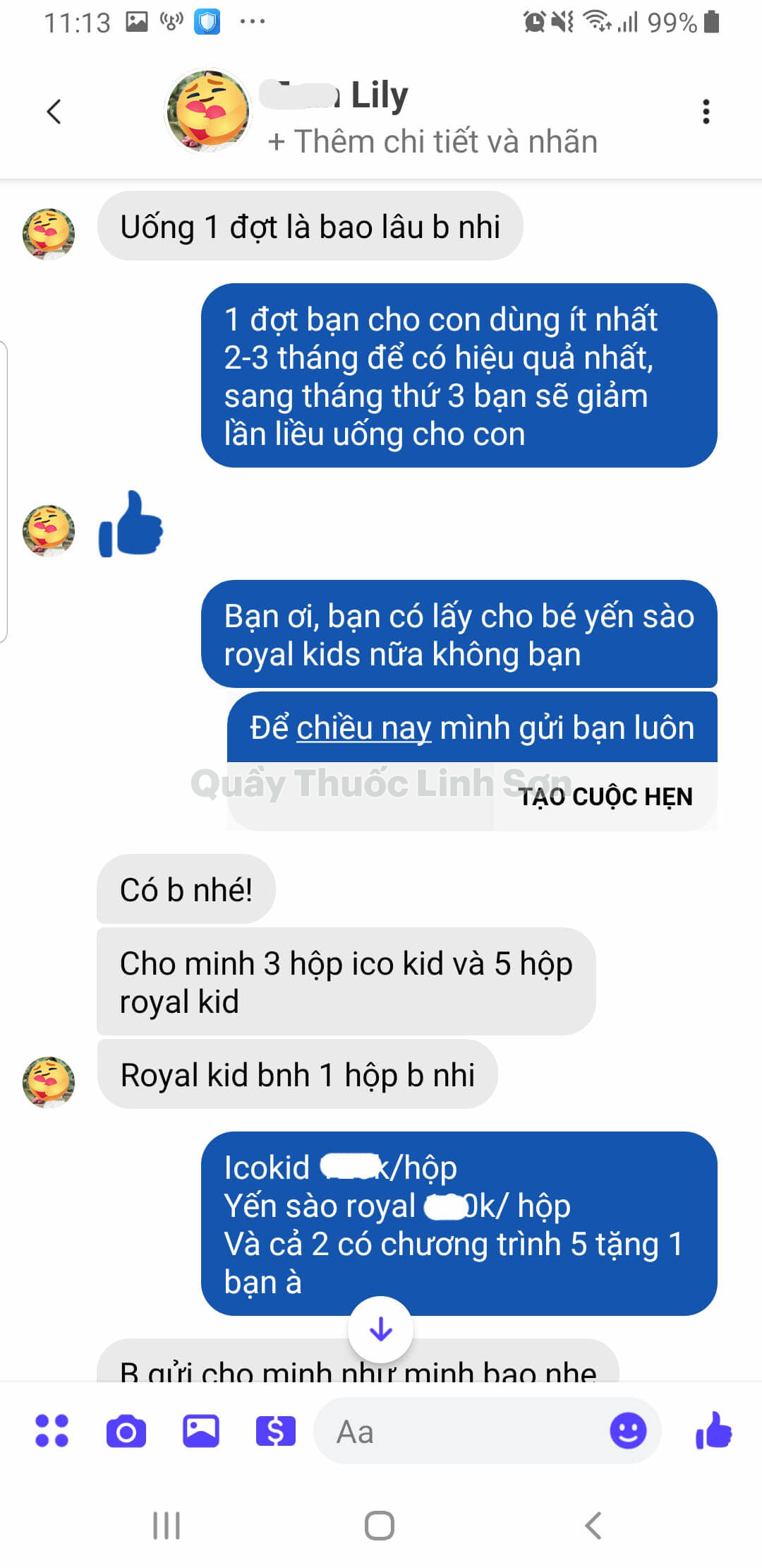 Bạn Ly Ly Tran (Facebook) ở Vĩnh Phúc mua 3 hộp ICO KIDS và 5 hộp ROYAL KIDS