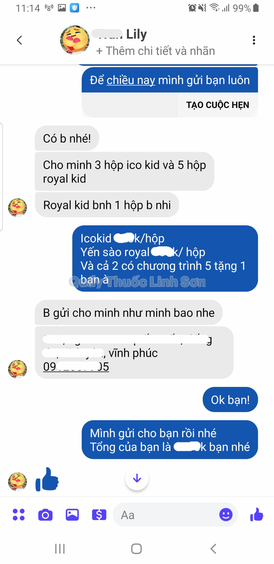 Bạn Ly Ly Tran (Facebook) ở Vĩnh Phúc mua 3 hộp ICO KIDS và 5 hộp ROYAL KIDS