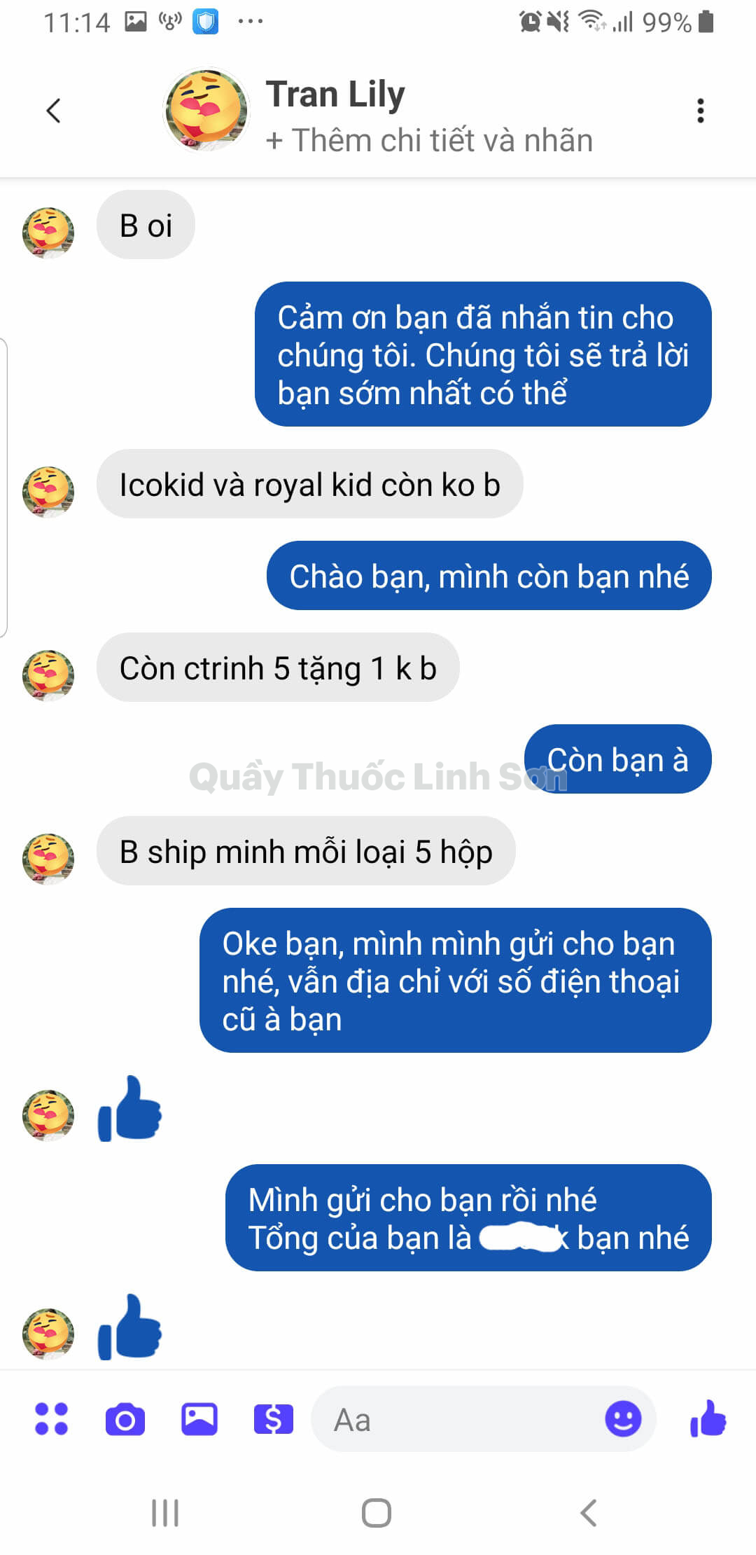 Bạn Ly Ly Tran (Facebook) ở Vĩnh Phúc mua 5 hộp ICO KIDS và 5 hộp ROYAL KIDS lần thứ 2