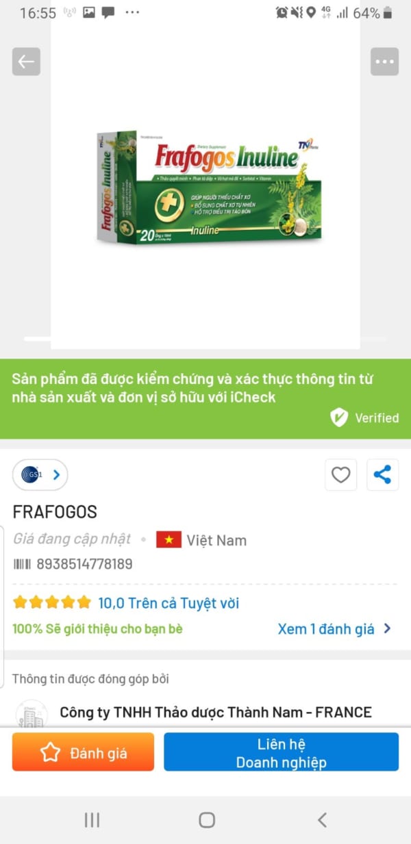 Chất xơ Frafogos inuline hộp 20 ống 10ml