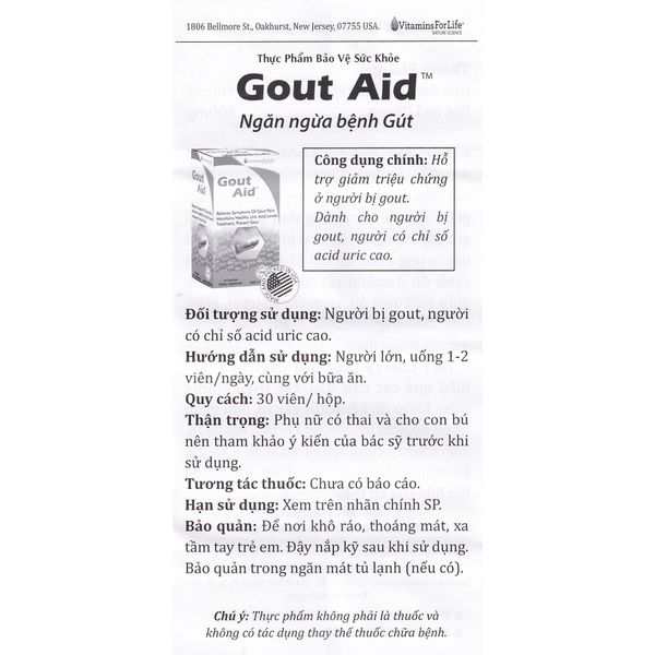 Gout Aid Vitamins For Life - Viên uống phòng và hỗ trợ điều trị Gout 30 Viên