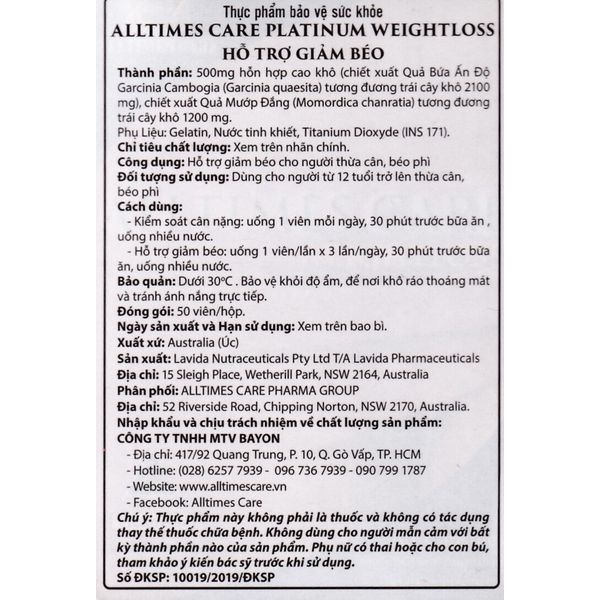 Viên Uống Giảm Cân Alltimes Care Platinum Weightloss hộp 50 Viên
