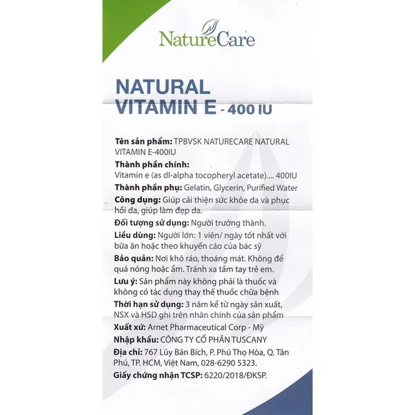 Natural Vitamin E 400 Iu Naturecare Đẹp Da Hộp 60 Viên