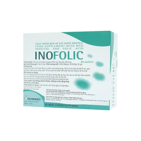 Bột hòa tan Inofolic Italfarmaco giúp tăng tỉ lệ thụ thai hộp 20 gói